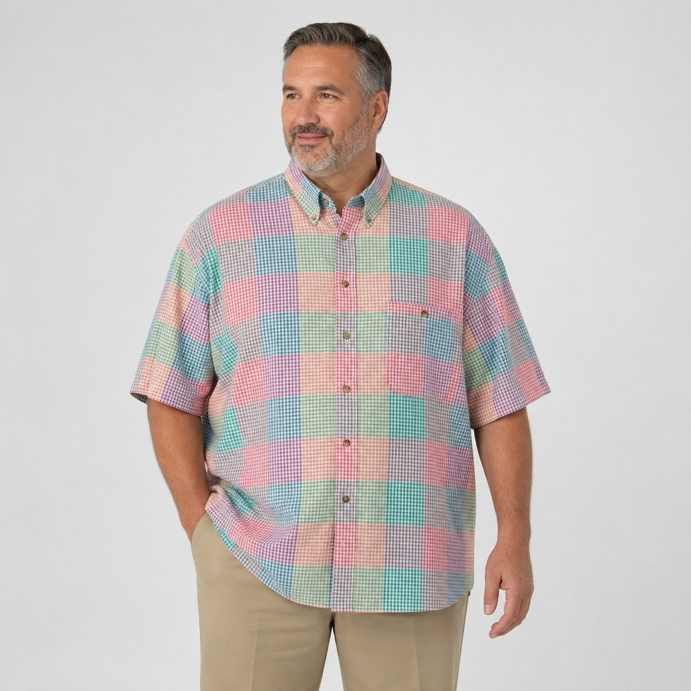 Deep River Seersucker Button Down Short Sleeve Shirt Mens XXL Check Plaid Cotton